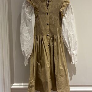 Tan and White Ruffled Long Sleeve Dress in cotton with stretch